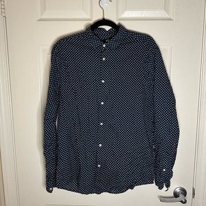 H&M navy w white polka dot long sleeve button up shirt - size L